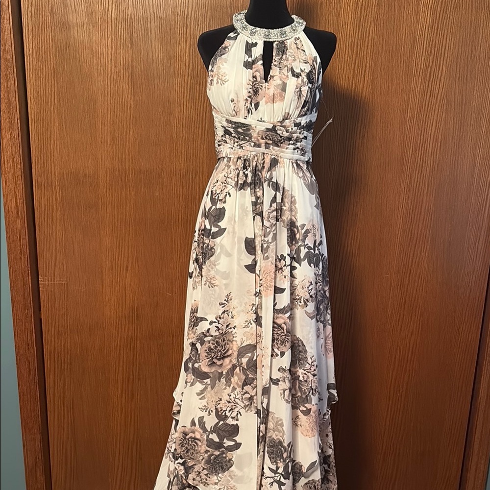 Eliza J soft white, grey and blush tiered gown